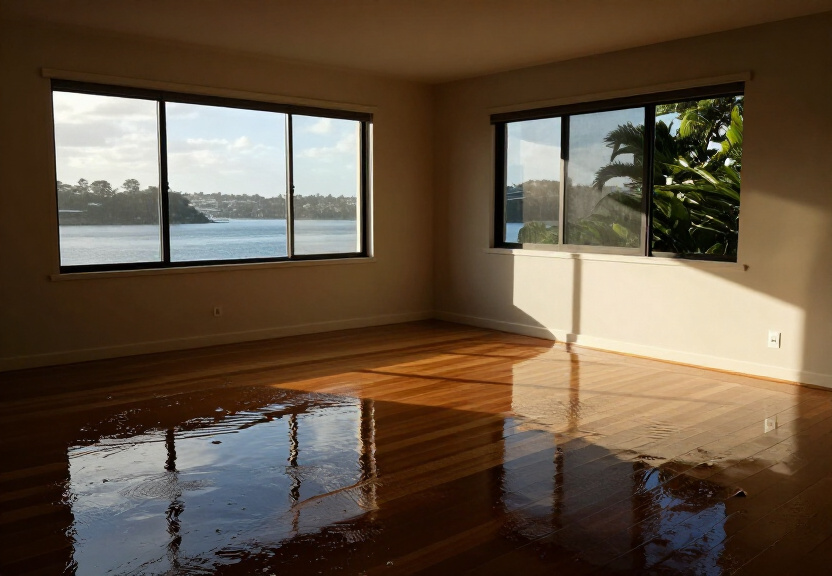 Flood-damaged living room in Terrey Hills before restoration